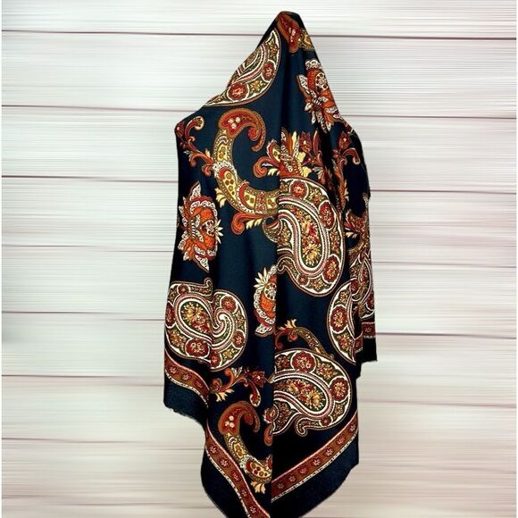 Betmar Italy Large Scarf Shawl Black Orange White Paisley - Picture 7 of 15